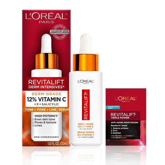 L'Oreal Paris Revitalift 12% Reines Vitamin C Serum – Aufhellendes Gesichtsserum mit Vitamin E und Salicylsäure, 30 ml + Feuchtigkeitsprobe
