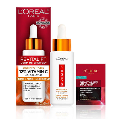 L'Oreal Paris Revitalift 12% Reines Vitamin C Serum – Aufhellendes Gesichtsserum mit Vitamin E und Salicylsäure, 30 ml + Feuchtigkeitsprobe
