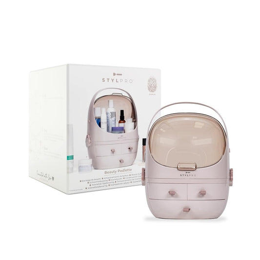 StylPro Stylpro Beauty Storage Podlette – Makeup Organizer – Tragbare Kosmetiktasche mit 4 Fächern, 3 Schubladen, transparenter Anzeige und Griff – 1 Stück, Rosa