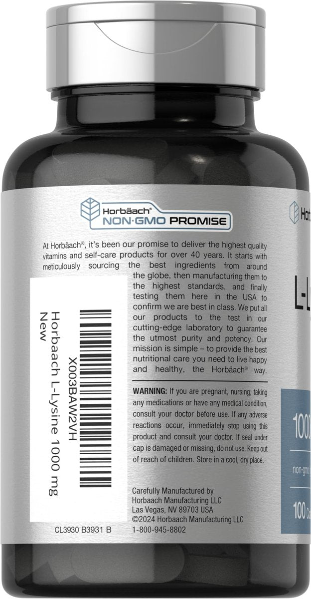 Horbäach L-Lysin 1000 mg | 100 überzogene Tabletten | Nahrungsergänzungsmittel mit freier Form | Essentielle Aminosäure | Vegetarisch, Nicht-GVO und Glutenfrei