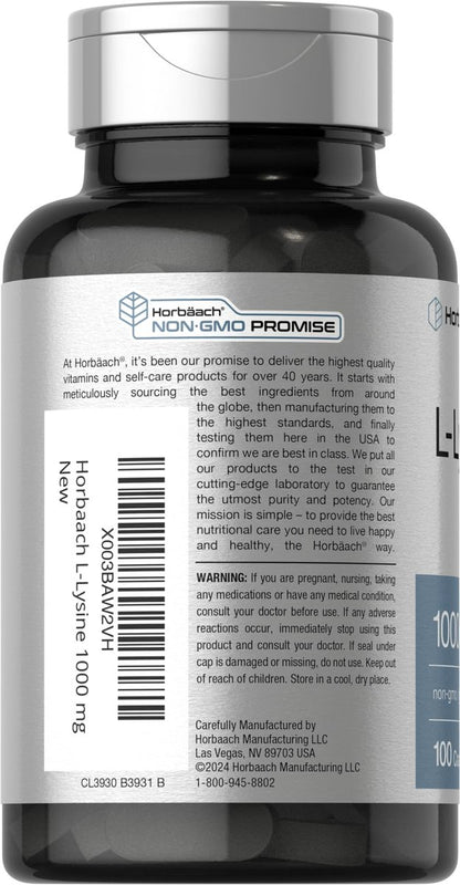 Horbäach L-Lysin 1000 mg | 100 überzogene Tabletten | Nahrungsergänzungsmittel mit freier Form | Essentielle Aminosäure | Vegetarisch, Nicht-GVO und Glutenfrei