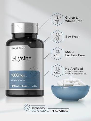 Horbäach L-Lysin 1000 mg | 100 überzogene Tabletten | Nahrungsergänzungsmittel mit freier Form | Essentielle Aminosäure | Vegetarisch, Nicht-GVO und Glutenfrei