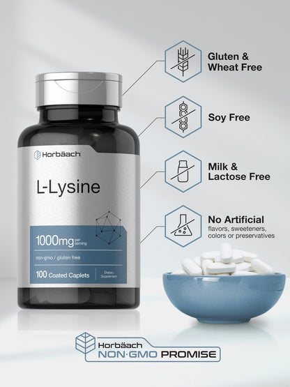 Horbäach L-Lysin 1000 mg | 100 überzogene Tabletten | Nahrungsergänzungsmittel mit freier Form | Essentielle Aminosäure | Vegetarisch, Nicht-GVO und Glutenfrei