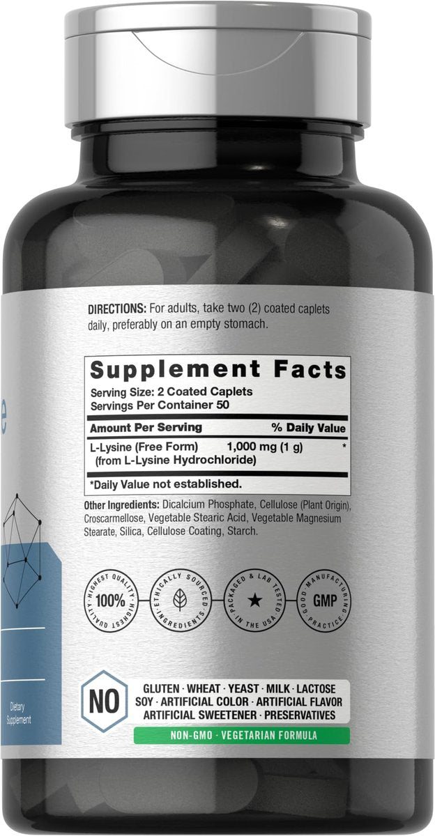 Horbäach L-Lysin 1000 mg | 100 überzogene Tabletten | Nahrungsergänzungsmittel mit freier Form | Essentielle Aminosäure | Vegetarisch, Nicht-GVO und Glutenfrei