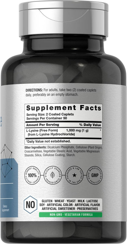 Horbäach L-Lysin 1000 mg | 100 überzogene Tabletten | Nahrungsergänzungsmittel mit freier Form | Essentielle Aminosäure | Vegetarisch, Nicht-GVO und Glutenfrei