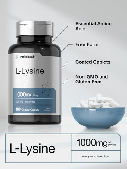 Horbäach L-Lysin 1000 mg | 100 überzogene Tabletten | Nahrungsergänzungsmittel mit freier Form | Essentielle Aminosäure | Vegetarisch, Nicht-GVO und Glutenfrei