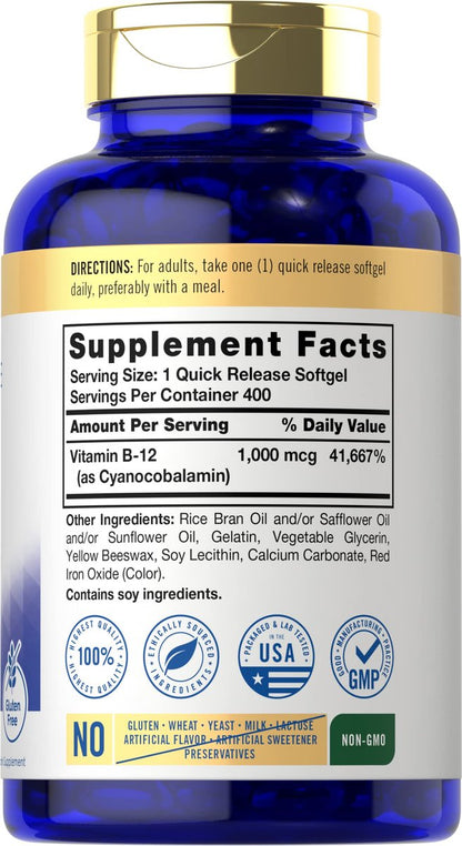 Carlyle Vitamin B12 1000 mcg – 400 Softgels – Hochdosiertes, absorbierbares B12 – Nicht-GVO & Glutenfrei