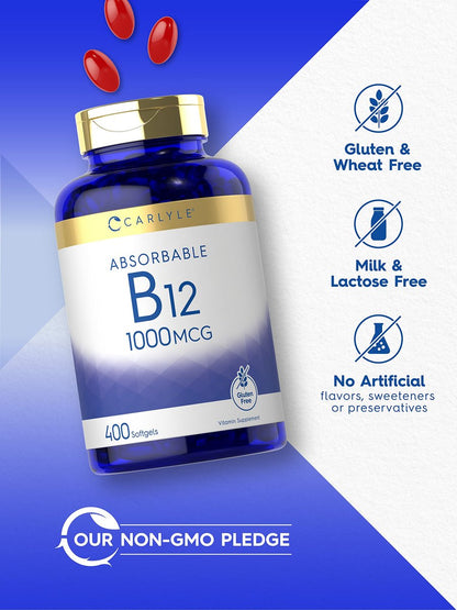 Carlyle Vitamin B12 1000 mcg – 400 Softgels – Hochdosiertes, absorbierbares B12 – Nicht-GVO & Glutenfrei