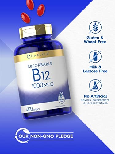 Carlyle Vitamin B12 1000 mcg – 400 Softgels – Hochdosiertes, absorbierbares B12 – Nicht-GVO & Glutenfrei