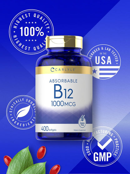 Carlyle Vitamin B12 1000 mcg – 400 Softgels – Hochdosiertes, absorbierbares B12 – Nicht-GVO & Glutenfrei