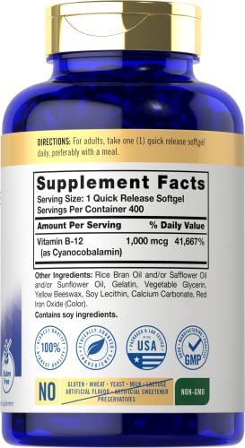 Carlyle Vitamin B12 1000 mcg – 400 Softgels – Hochdosiertes, absorbierbares B12 – Nicht-GVO & Glutenfrei