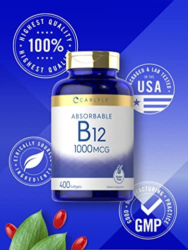 Carlyle Vitamin B12 1000 mcg – 400 Softgels – Hochdosiertes, absorbierbares B12 – Nicht-GVO & Glutenfrei