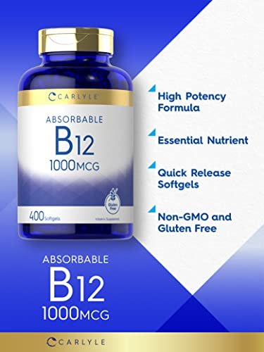 Carlyle Vitamin B12 1000 mcg – 400 Softgels – Hochdosiertes, absorbierbares B12 – Nicht-GVO & Glutenfrei