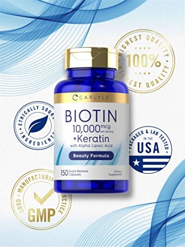 Carlyle Biotin 10.000 mcg | 150 Kapseln | Schönheitsformel mit Keratin | Nicht-GVO, glutenfrei