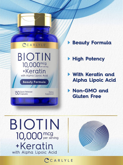 Carlyle Biotin 10.000 mcg | 150 Kapseln | Schönheitsformel mit Keratin | Nicht-GVO, glutenfrei