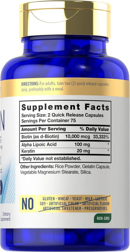Carlyle Biotin 10.000 mcg | 150 Kapseln | Schönheitsformel mit Keratin | Nicht-GVO, glutenfrei