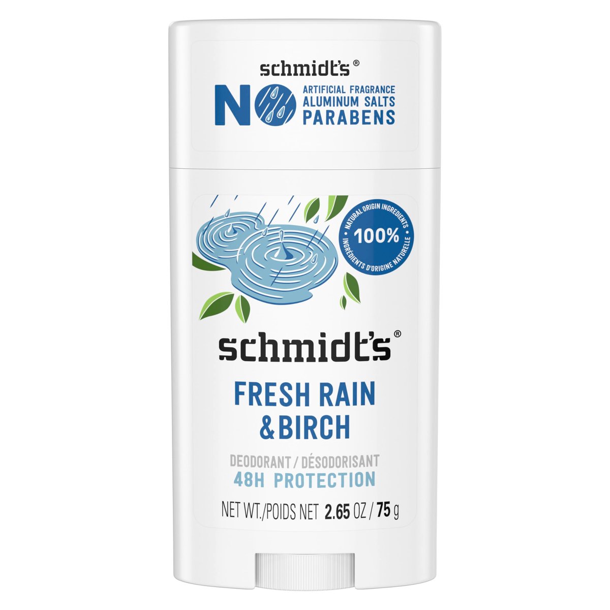 Schmidt's Aluminiumfreies veganes Deodorant Fresh Rain & Birch – 24-Stunden-Schutz, für Damen und Herren, natürliche Inhaltsstoffe, tierversuchsfrei, 75 g