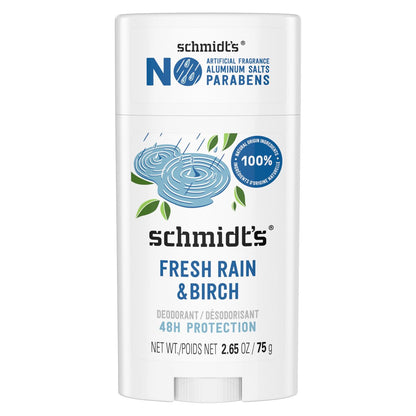 Schmidt's Aluminiumfreies veganes Deodorant Fresh Rain & Birch – 24-Stunden-Schutz, für Damen und Herren, natürliche Inhaltsstoffe, tierversuchsfrei, 75 g