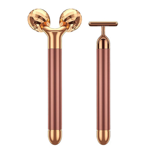 2-in-1 Beauty Bar 24k Goldener Gesichts-Massager – Elektrischer 3D-Rollen- und T-förmiger Massager für Augen, Nase und Kopf – Hautpflege-Set