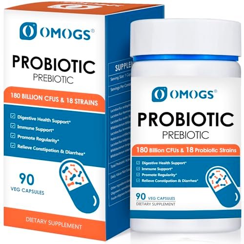 OMOGS Probiotika 180 Milliarden KBE, 18 Stämme, 3 Präbiotika – Unterstützt Verdauung, Darmgesundheit, Immunsystem, bei gelegentlicher Verstopfung, Durchfall & Blähungen – für Frauen & Männer, 90 Kapseln
