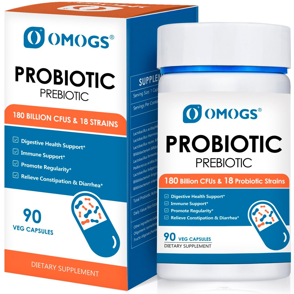 OMOGS Probiotika 180 Milliarden KBE, 18 Stämme, 3 Präbiotika – Unterstützt Verdauung, Darmgesundheit, Immunsystem, bei gelegentlicher Verstopfung, Durchfall & Blähungen – für Frauen & Männer, 90 Kapseln
