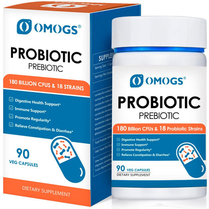OMOGS Probiotika 180 Milliarden KBE, 18 Stämme, 3 Präbiotika – Unterstützt Verdauung, Darmgesundheit, Immunsystem, bei gelegentlicher Verstopfung, Durchfall & Blähungen – für Frauen & Männer, 90 Kapseln