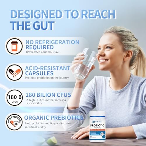 OMOGS Probiotika 180 Milliarden KBE, 18 Stämme, 3 Präbiotika – Unterstützt Verdauung, Darmgesundheit, Immunsystem, bei gelegentlicher Verstopfung, Durchfall & Blähungen – für Frauen & Männer, 90 Kapseln