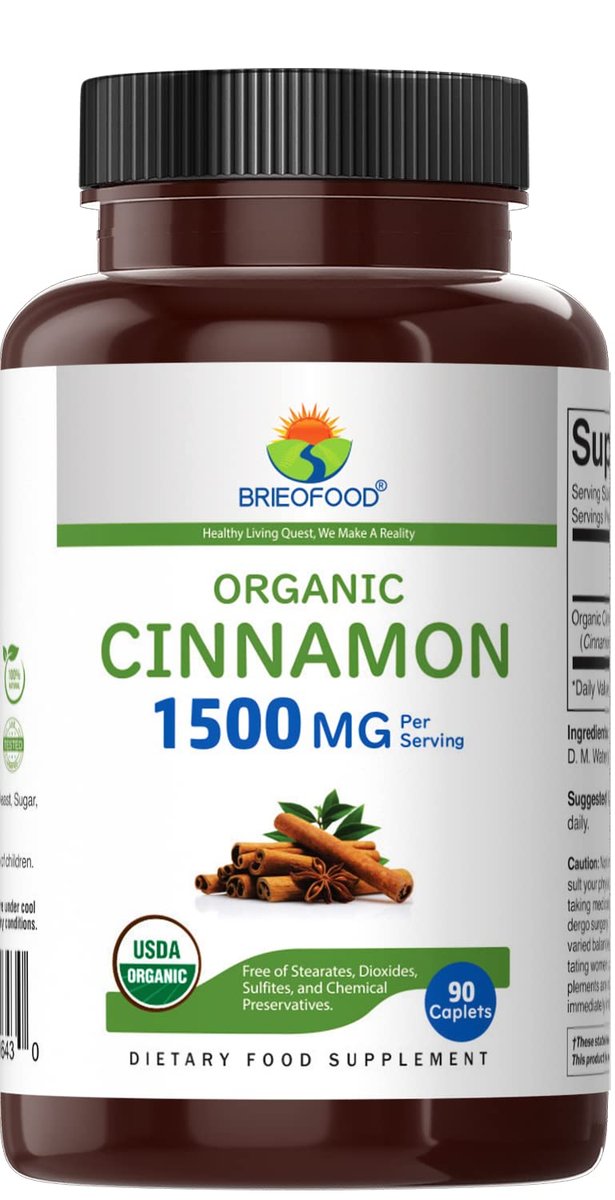 Brieofood Bio Zimt 1500mg, 45 Portionen, Vegetarisch, Glutenfrei, 90 Vegetarische Tabletten