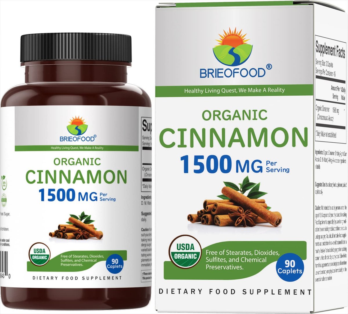 Brieofood Bio Zimt 1500mg, 45 Portionen, Vegetarisch, Glutenfrei, 90 Vegetarische Tabletten