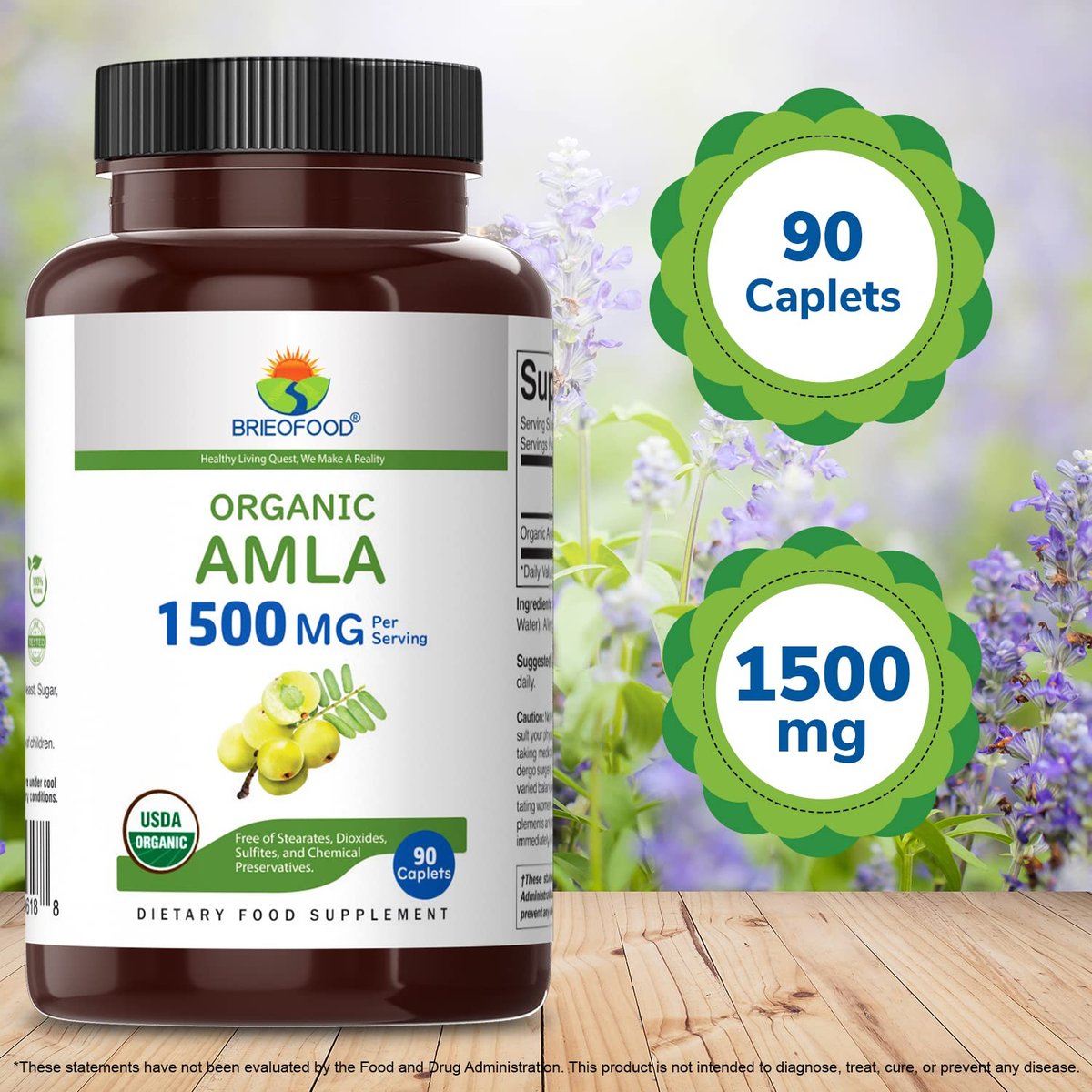 Brieofood Bio Amla 1500mg, 45 Portionen, Vegetarisch, Glutenfrei, 90 Vegetarische Tabletten
