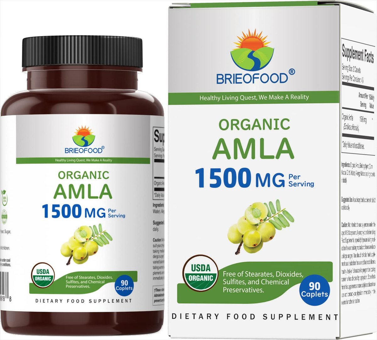 Brieofood Bio Amla 1500mg, 45 Portionen, Vegetarisch, Glutenfrei, 90 Vegetarische Tabletten
