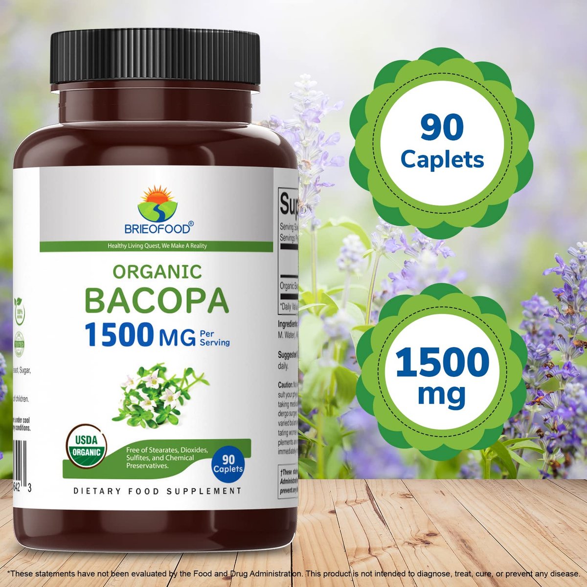 Brieofood Bio Bacopa 1500mg – 90 vegane Tabletten, glutenfrei, 45 Portionen