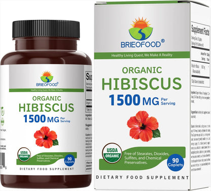 Brieofood Bio Hibiskus 1500mg, 45 Portionen, Vegetarisch, Glutenfrei, 90 Vegane Tabletten