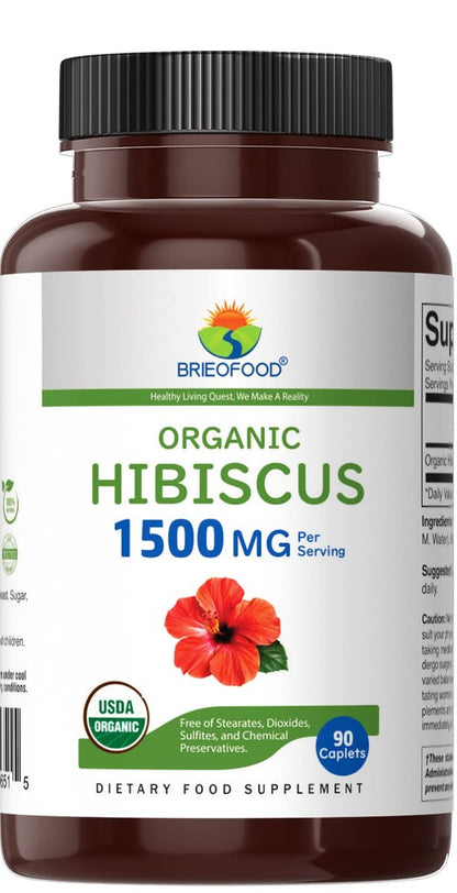 Brieofood Bio Hibiskus 1500mg, 45 Portionen, Vegetarisch, Glutenfrei, 90 Vegane Tabletten