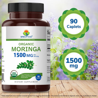 Brieofood Bio Moringa 1500mg – 45 Portionen, vegetarisch, glutenfrei, 90 vegane Tabletten