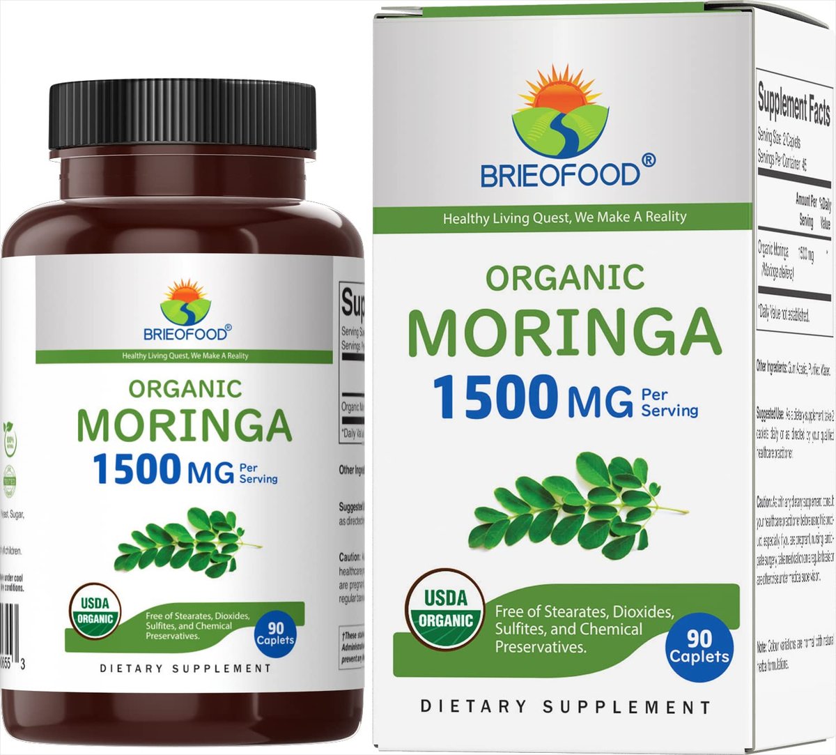 Brieofood Bio Moringa 1500mg – 45 Portionen, vegetarisch, glutenfrei, 90 vegane Tabletten