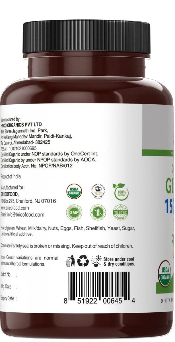 Brieofood Bio Ingwer 1500mg, 45 Portionen, Vegetarisch, Glutenfrei, 90 Vegetarische Tabletten