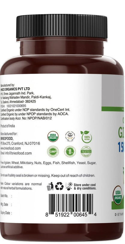 Brieofood Bio Ingwer 1500mg, 45 Portionen, Vegetarisch, Glutenfrei, 90 Vegetarische Tabletten