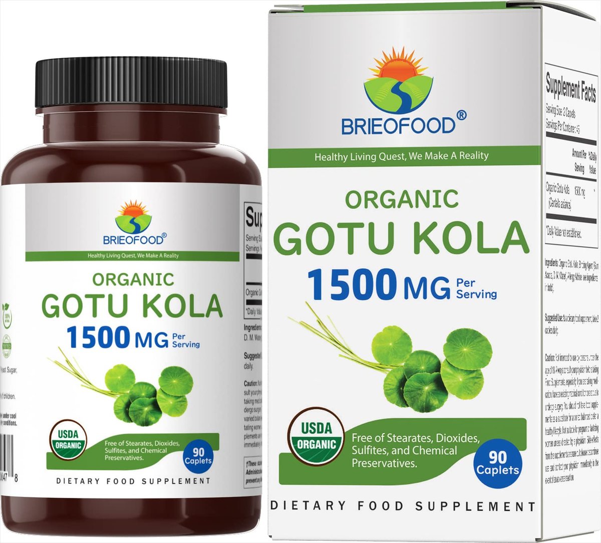 Brieofood Bio Gotu Kola 1500mg – 90 vegane Tabletten, glutenfrei, 45 Portionen