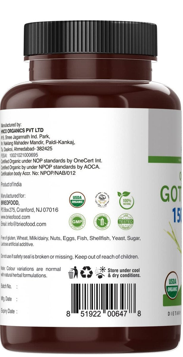 Brieofood Bio Gotu Kola 1500mg – 90 vegane Tabletten, glutenfrei, 45 Portionen