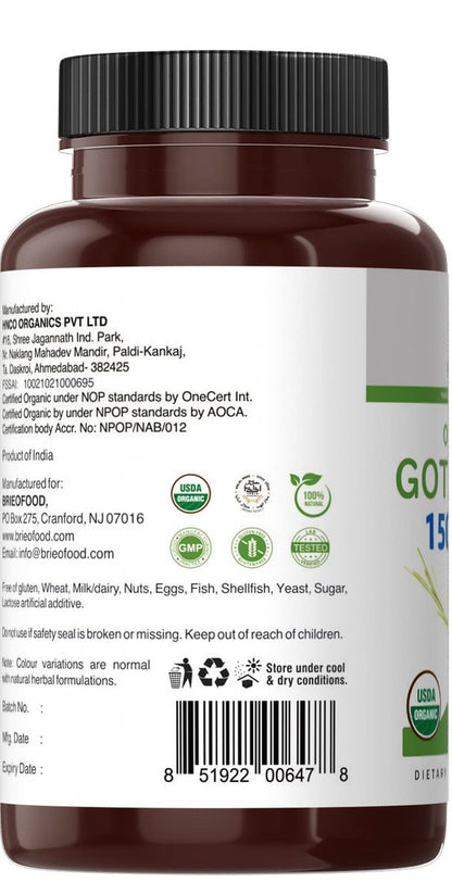 Brieofood Bio Gotu Kola 1500mg – 90 vegane Tabletten, glutenfrei, 45 Portionen