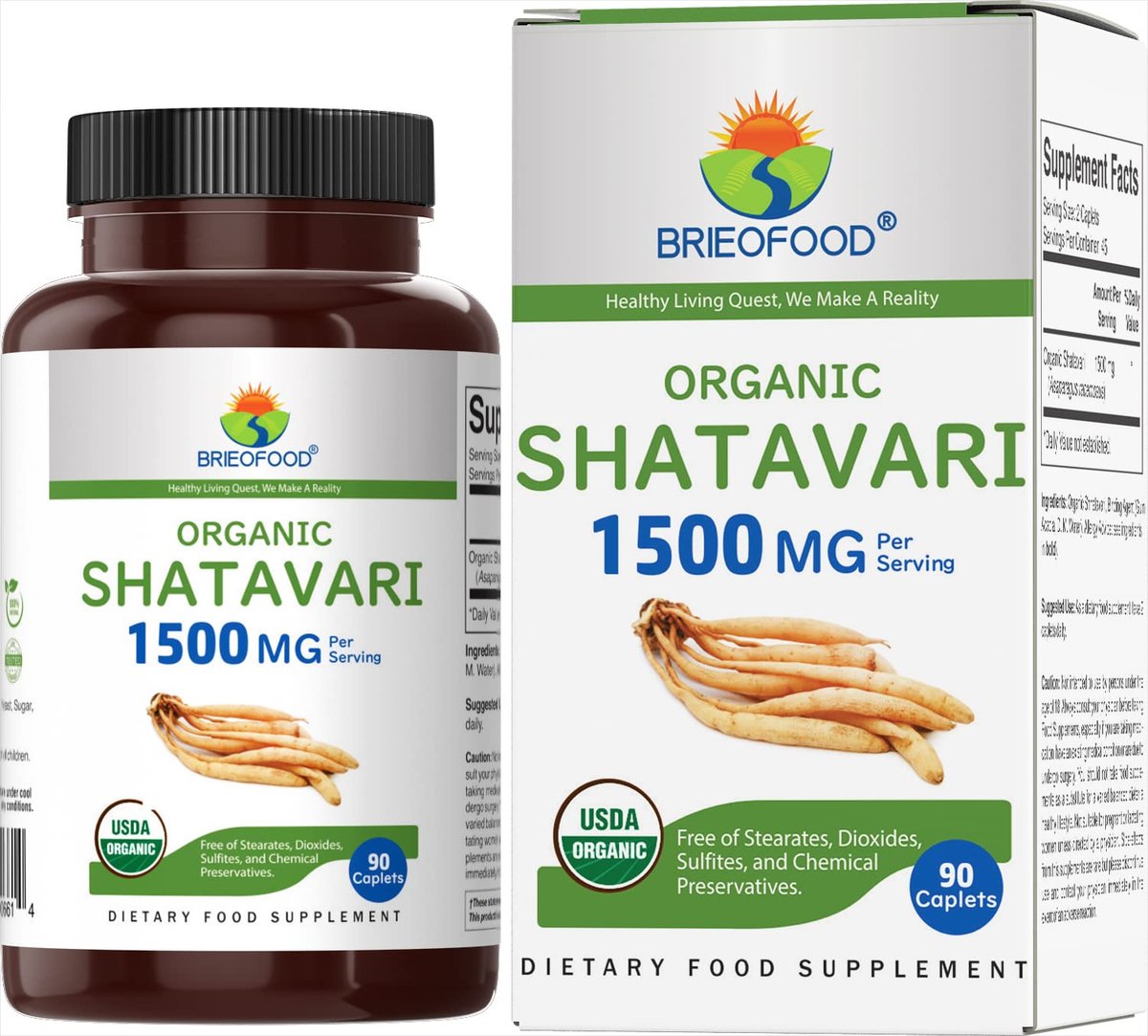 Brieofood Bio Shatavari 1500mg, 90 Tabletten, 45 Portionen, Vegetarisch, Glutenfrei