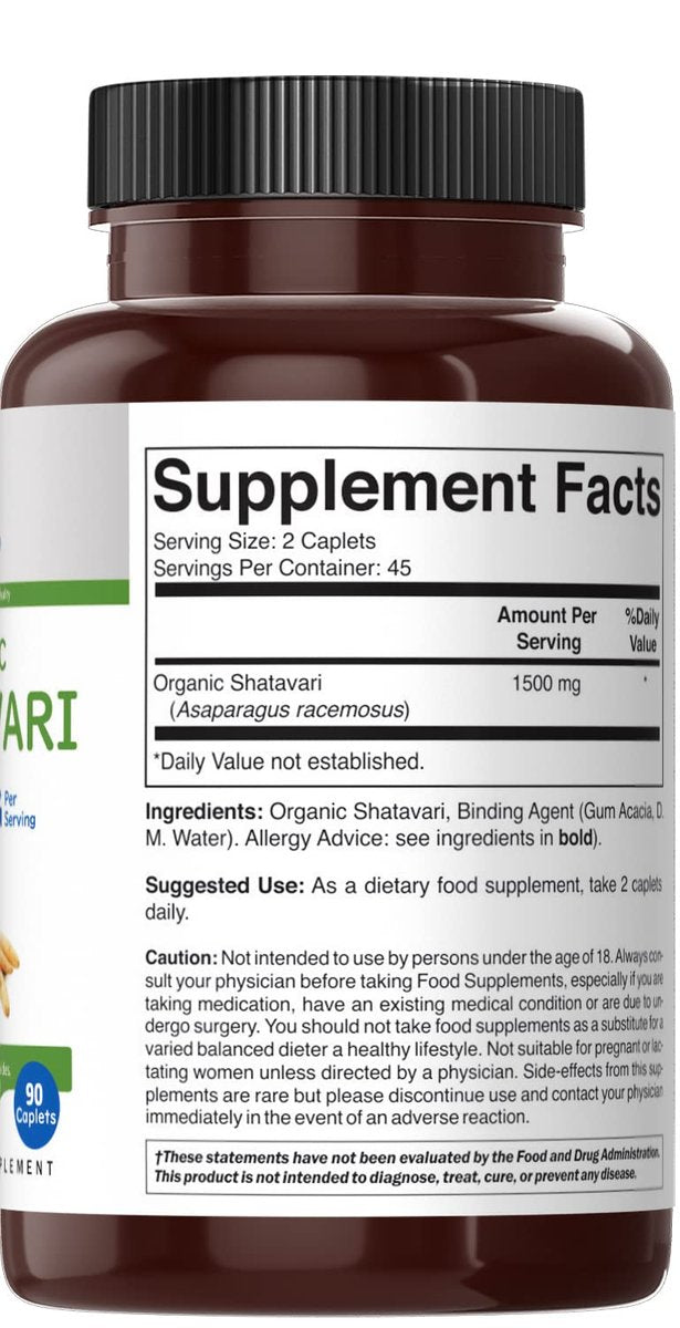 Brieofood Bio Shatavari 1500mg, 90 Tabletten, 45 Portionen, Vegetarisch, Glutenfrei
