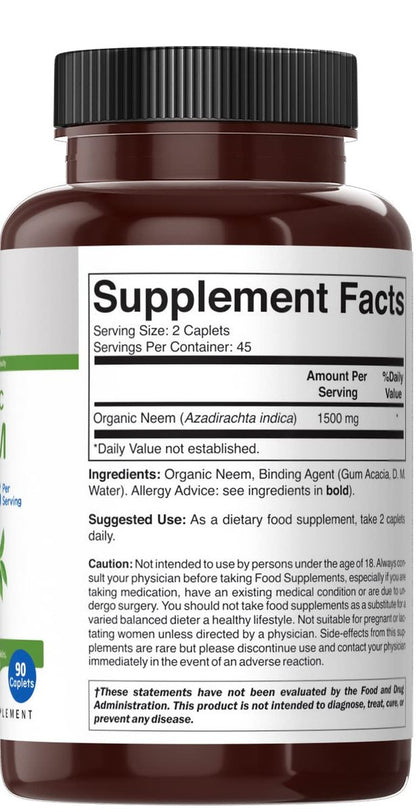 Brieofood Bio Neem 1500mg, 45 Portionen, Vegetarisch, Glutenfrei, 90 Vegetarische Tabletten