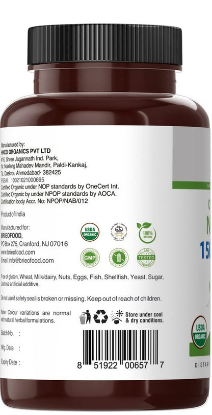Brieofood Bio Neem 1500mg, 45 Portionen, Vegetarisch, Glutenfrei, 90 Vegetarische Tabletten