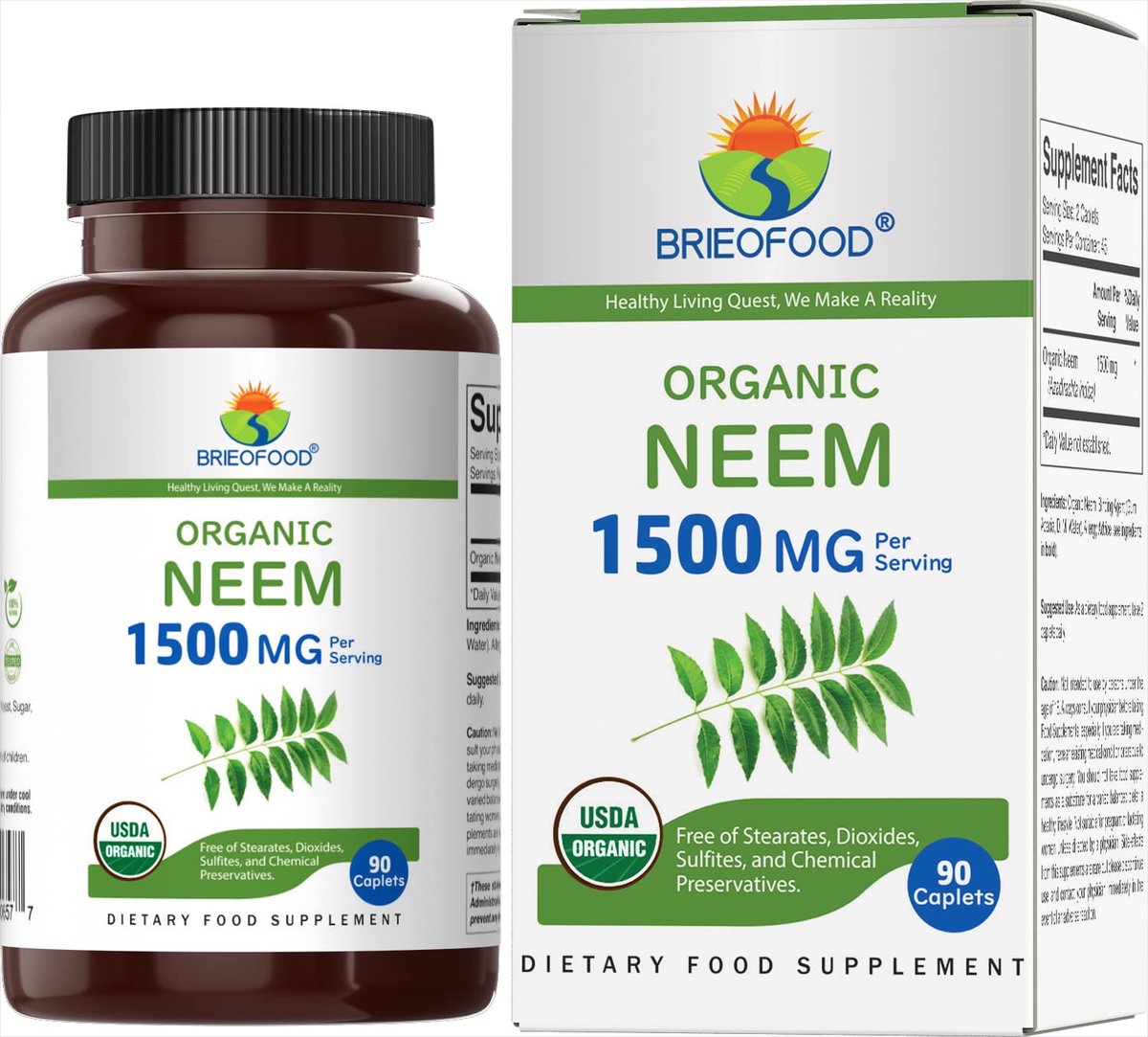 Brieofood Bio Neem 1500mg, 45 Portionen, Vegetarisch, Glutenfrei, 90 Vegetarische Tabletten