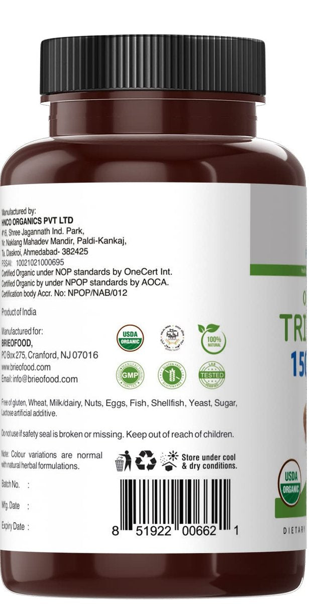 Brieofood Bio Triphala 1500mg, 45 Portionen, Vegan, Glutenfrei, 90 Tabletten