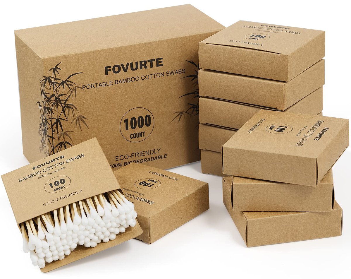FOVURTE Bambus-Wattestäbchen 1000 Stück - Natürliche Wattestäbchen mit runden Spitzen, doppelseitige Ohrstäbchen, Holz-Wattebällchen für Reinigung, Reise und Make-up