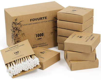 FOVURTE Bambus-Wattestäbchen 1000 Stück - Natürliche Wattestäbchen mit runden Spitzen, doppelseitige Ohrstäbchen, Holz-Wattebällchen für Reinigung, Reise und Make-up