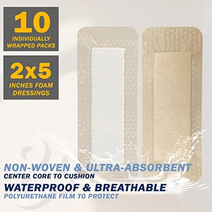 EVERLIT Care Silikon-Schaumstoff-Wundverband mit Kleberand | Hochsaugfähige hypoallergene Bandagen für chronische Wunden, Druckgeschwüre, Dekubitus | Sanfte & sichere Haftung (5 cm x 12,5 cm | 10er-Pack)